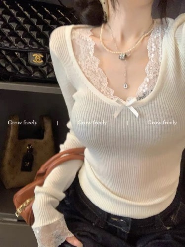 Grow Freely Hot Girl Pure Desire Sexy Long Sleeve Innerwear Base Shirt Women's Lace Patched Slim-Fit Short Top