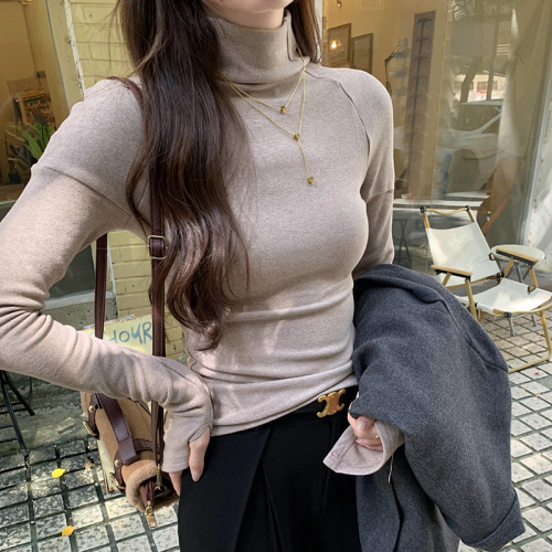 Real photos of high-neck white long-sleeved inner bottoming shirt T-shirt for women autumn and winter 2024 new Austrian velvet double-sided top