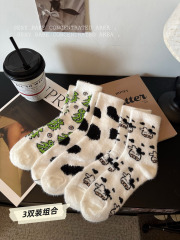 Actual Korean version of cartoon warm soft velvet socks for women mid-calf socks autumn and winter pile socks long socks women's socks 3 pairs