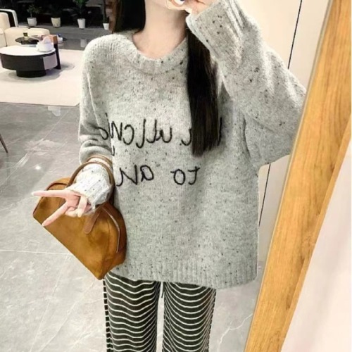 American hot girl design letter bead embroidered knitted sweater for women 2024 autumn gray pullover loose long-sleeved top