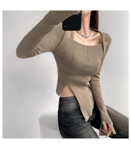 Pure Desire Shoulder Square Neck Long Sleeve Knitted Sweater Women's 2024 Autumn and Winter Slim Fit Irregular Slit Hem Bottoming Top