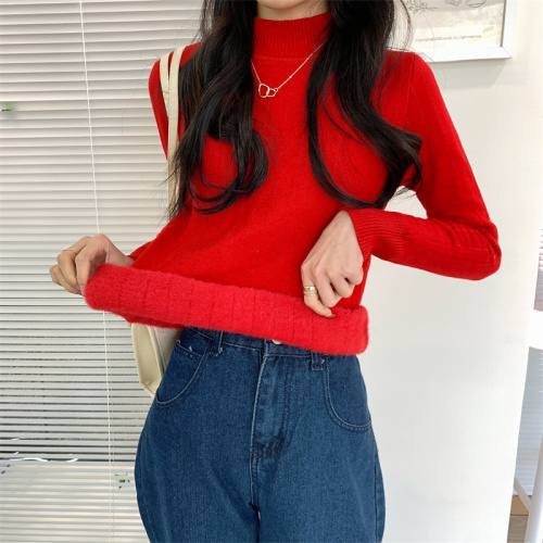 Actual shot of velvet and thickened bottoming sweater for women, one-piece mink velvet half turtleneck with inner knitted sweater