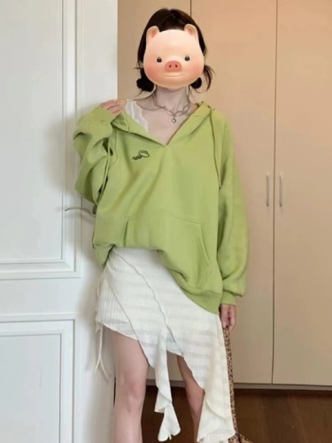 Green hooded sweatshirt jacket for women spring and autumn 2024 new Korean style pullover loose oversize long-sleeved top