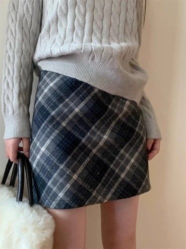 High-waisted plaid woolen skirt for women autumn and winter 2024 new style small butt-covering skirt short skirt A-line skirt pattern