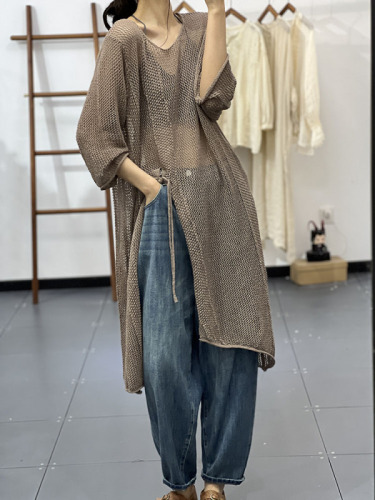 2024 new literary style retro lazy temperament casual hollow sweater mid-length dress for vacation