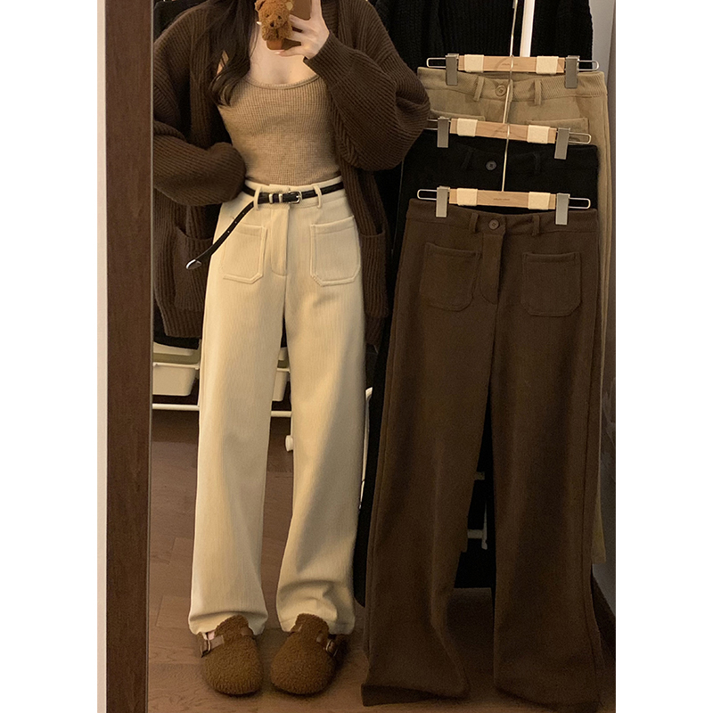 Real shot!  2024 autumn and winter new design corduroy straight personalized front pocket plus velvet casual pants for women