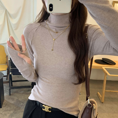 Real photos of high-neck white long-sleeved inner bottoming shirt T-shirt for women autumn and winter 2024 new Austrian velvet double-sided top