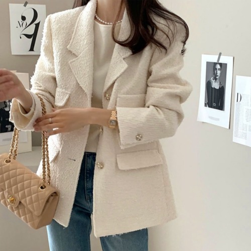 2024 Autumn and Winter Korean Dongdaemun Chic Xiaoxiang Style Jacket Slim Fake Pocket Tweed Blazer