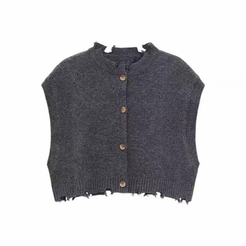 Salt style college style gray knitted vest for women Korean style layered single-breasted raw edge sleeveless short vest