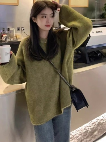 Korean retro lazy high-end sweater for women 2024 autumn and winter new green tea casual knitted top