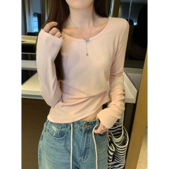 Actual shot of autumn and winter Korean style round neck simple and versatile solid color high-grade cashmere long-sleeved inner bottoming T-shirt top