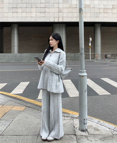 Real shot~Soft waxy alpaca loose stand-up collar zipper sweater knitted wide-leg trousers fashion suit for women