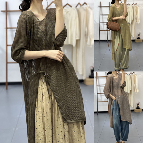 2024 new literary style retro lazy temperament casual hollow sweater mid-length dress for vacation