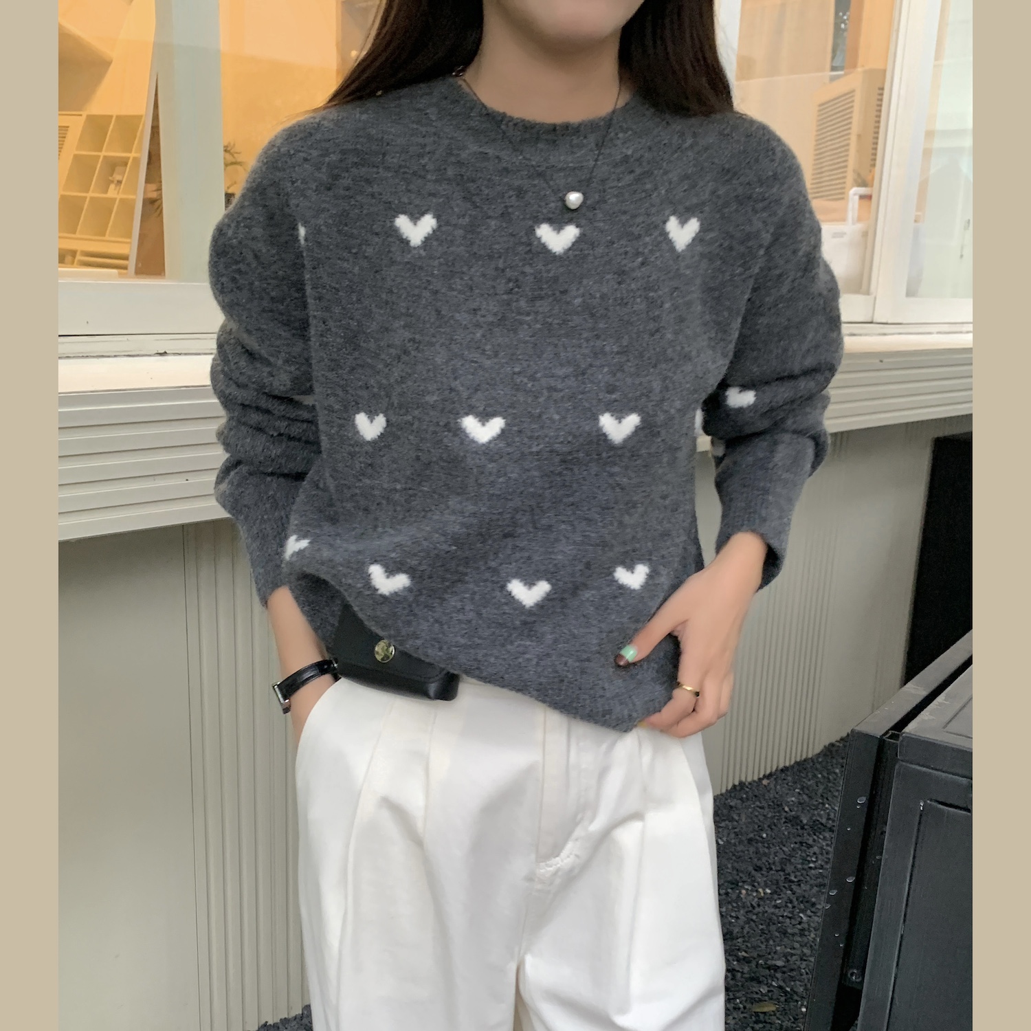 Real shot skin-friendly mohair moisturizing contrasting color love round neck pullover sweater