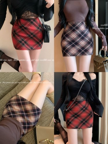 Real shot!  !  Retro plaid skirt high-waisted woolen A-line versatile slimming hip-hugging short skirt