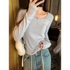 Actual shot of autumn and winter Korean style round neck simple and versatile solid color cashmere long-sleeved inner bottoming T-shirt top