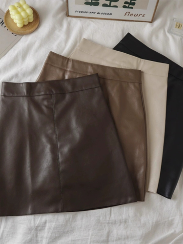 Black retro PU leather skirt A-line skirt autumn and winter women's new small high-waist slim hip skirt short skirt