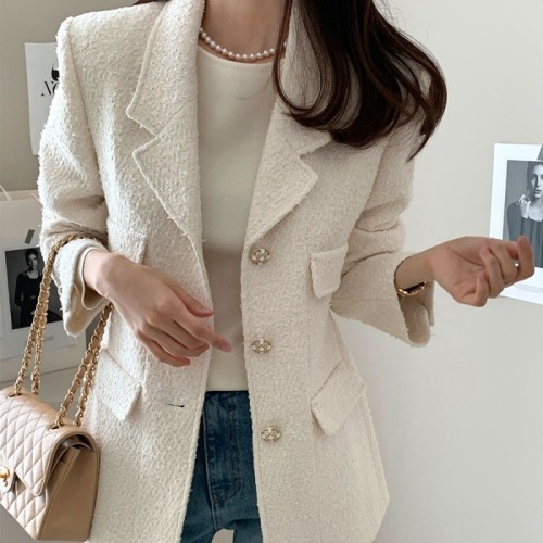 2024 Autumn and Winter Korean Dongdaemun Chic Xiaoxiang Style Jacket Slim Fake Pocket Tweed Blazer