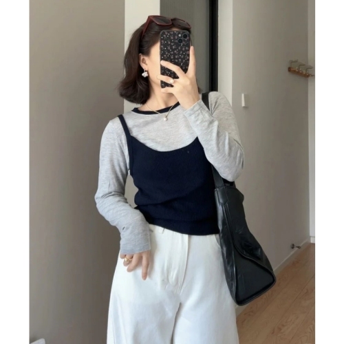 Korean retro soft waxy cashmere contrasting sweater for women autumn layering versatile camisole bottoming two-piece top