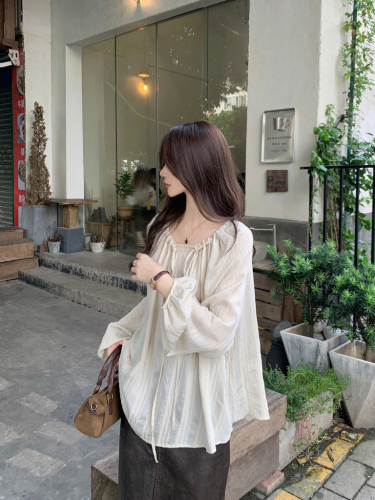 Real shot!  French retro gentle style round neck drawstring top apricot loose versatile striped long-sleeved shirt