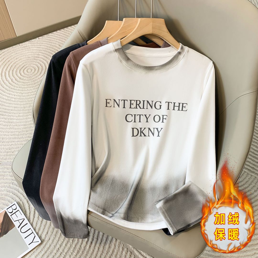 Real shot! Abrasion, fleece, thickening, gradient letter long-sleeved undershirt women's autumn and winter slimming shirt 