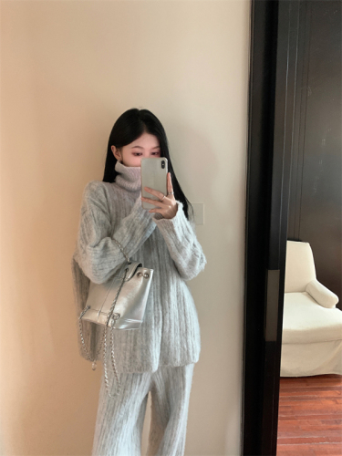 Real shot~Soft waxy alpaca loose stand-up collar zipper sweater knitted wide-leg trousers fashion suit for women