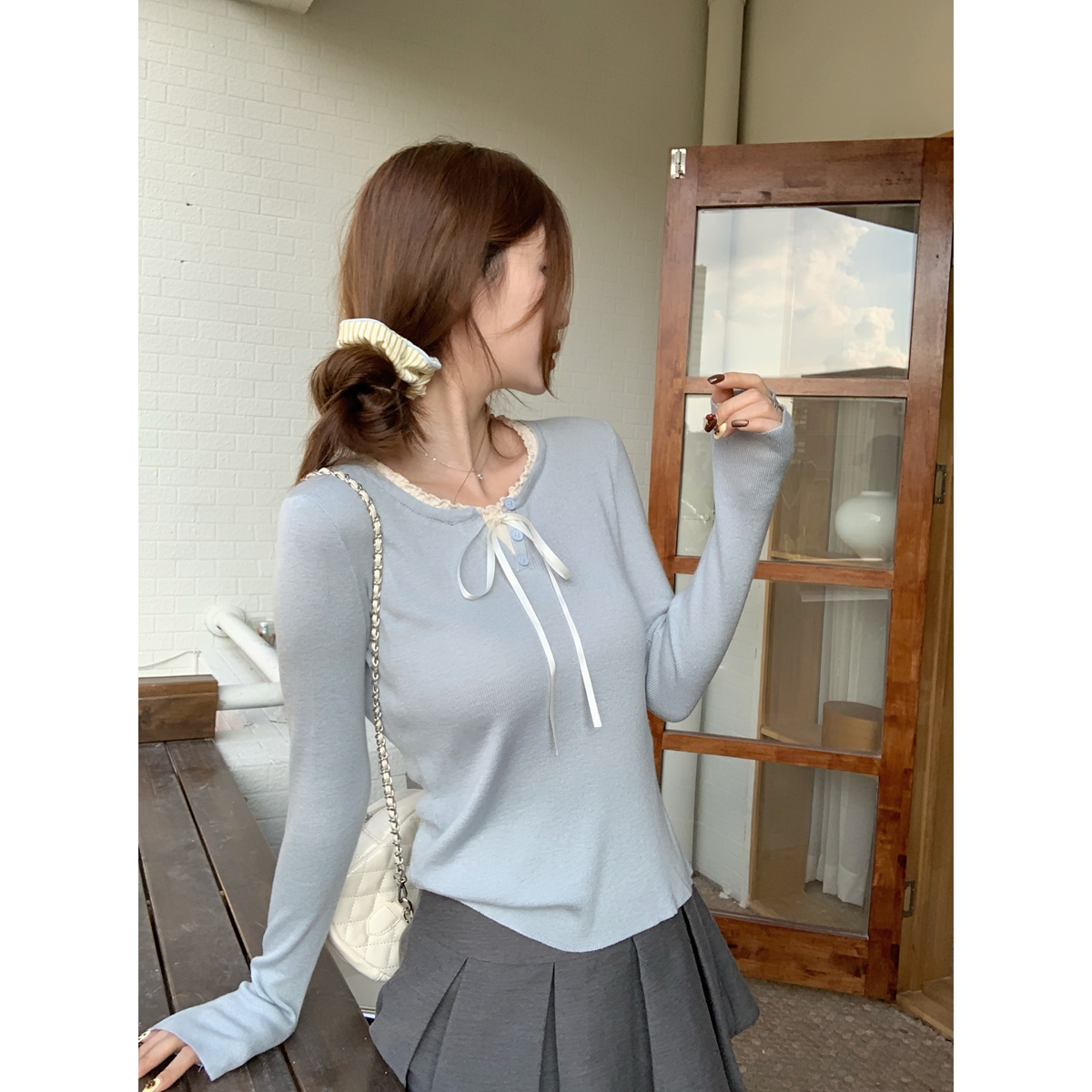 Real shot of autumn and winter Korean style contrasting color stitching lace-up buttons sweet 6 wool knitted long-sleeved bottoming top for women