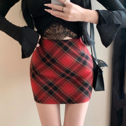 Real shot!  !  Retro plaid skirt high-waisted woolen A-line versatile slimming hip-hugging short skirt