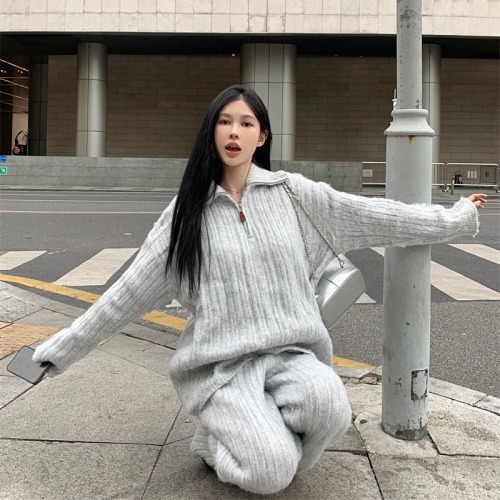 Real shot~Soft waxy alpaca loose stand-up collar zipper sweater knitted wide-leg trousers fashion suit for women