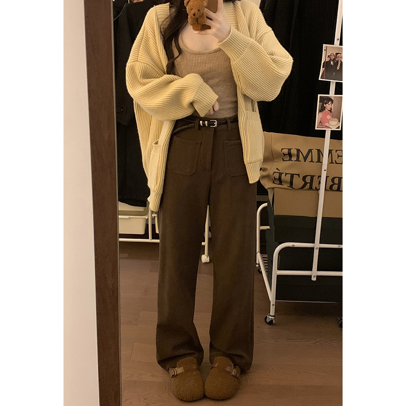 Real shot!  2024 autumn and winter new design corduroy straight personalized front pocket plus velvet casual pants for women