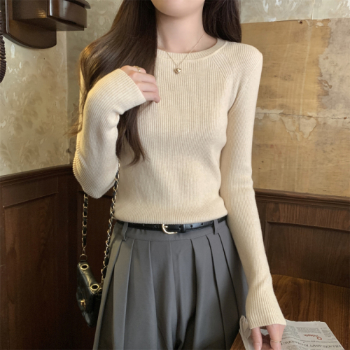 Actual shot of autumn and winter Korean style slim round neck simple and versatile solid color Andy velvet long-sleeved bottoming knitted top