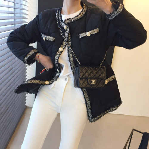 Korean chic tassel raw edge pearl button small fragrant rhombus quilted waist cotton coat for slimming women