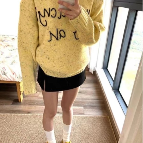 American hot girl design letter bead embroidered knitted sweater for women 2024 autumn gray pullover loose long-sleeved top