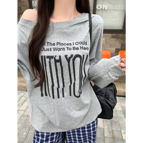 Actual shot of 21-count pure cotton American retro gray one-line collar off-shoulder long-sleeved T-shirt for hot girls