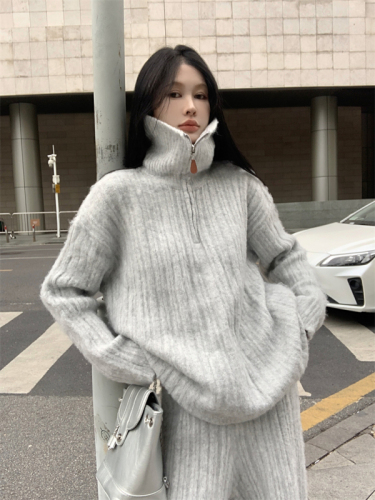Real shot~Soft waxy alpaca loose stand-up collar zipper sweater knitted wide-leg trousers fashion suit for women