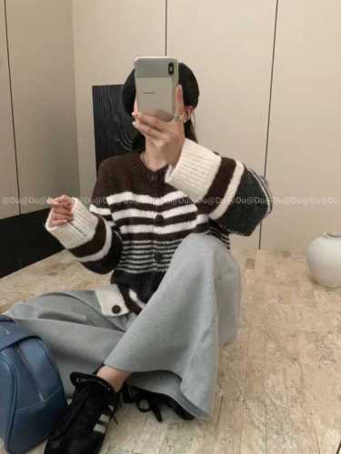 Autumn and winter new style Korean atmosphere wear matching color striped knitted imitation mohair fleece sweater cardigan jacket