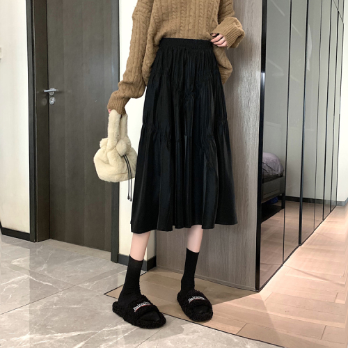 Actual shot~Autumn and winter design pleated skirt women's mid-length high-waisted skirt with large A-line hem