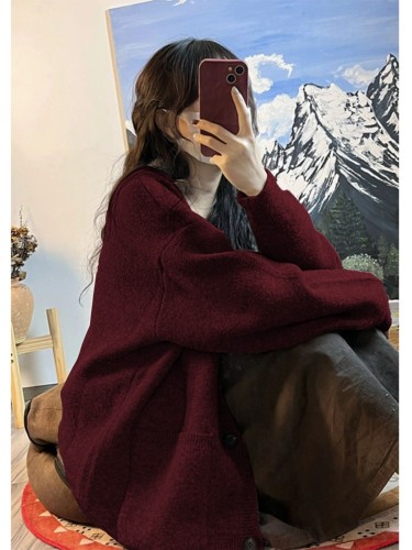 Christmas red sweater jacket for women in autumn and winter new style loose soft and waxy lazy style knitted cardigan outer wear top thickened