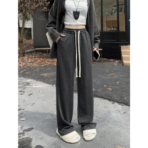 Real shot of dark gray glutinous rice casual pants for women, straight plus size fat mm, drapey pear-shaped body wide leg pants