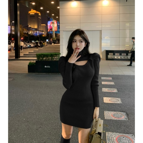 Real shot of sweet temperament waist slimming hip skirt for women autumn and winter hollow long-sleeved knitted dress