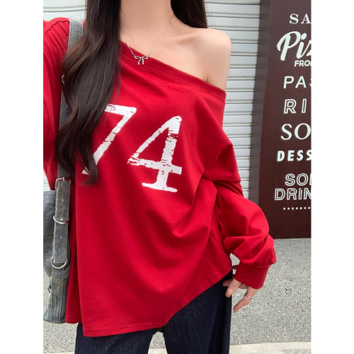 Actual shot of 21 count pure cotton design two-wear letter printed oblique shoulder red sweatshirt women's off-shoulder top