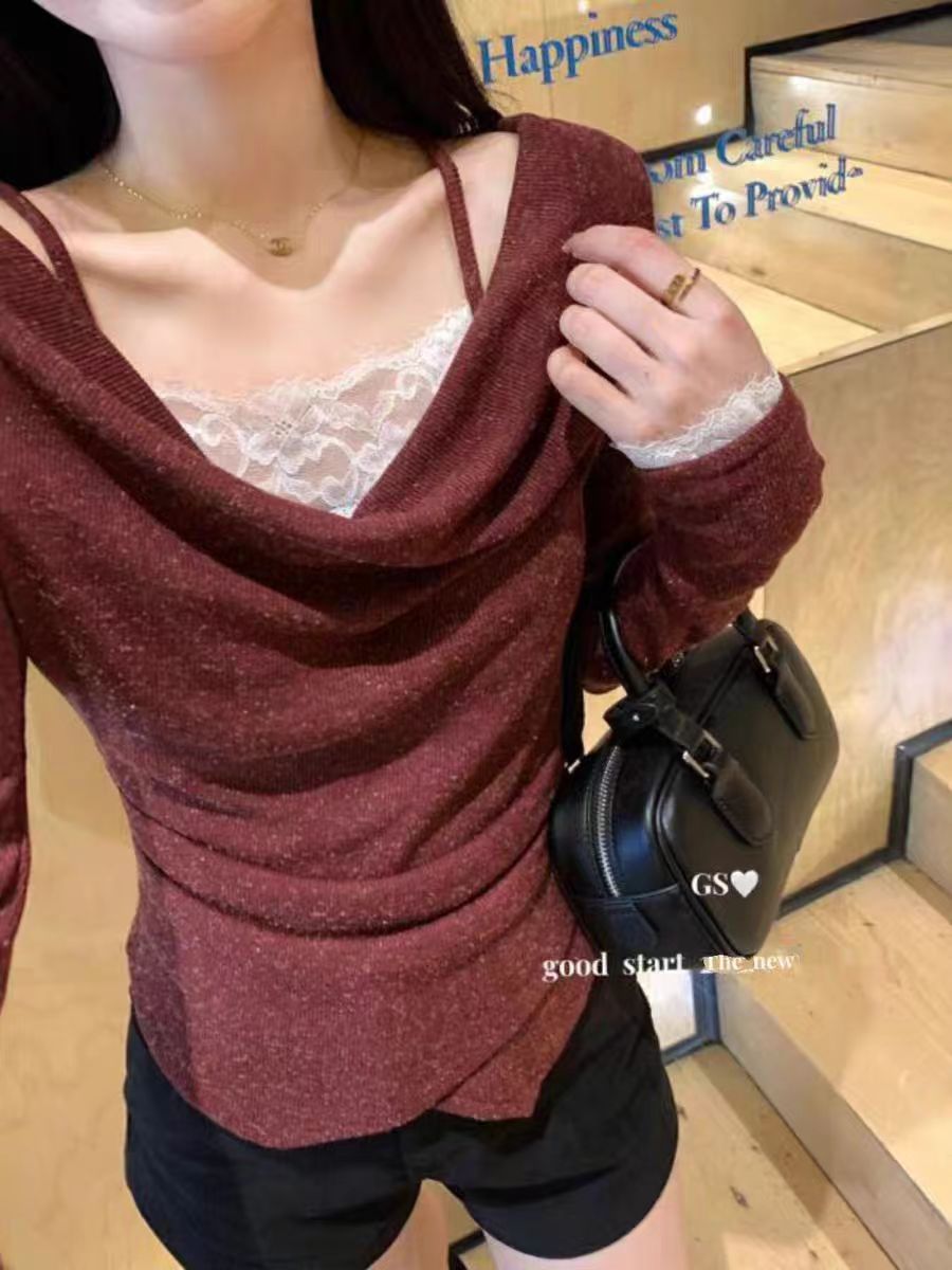 French-style two-piece lace spliced strapless long-sleeved autumn and winter slimming top women's irregular design sense small shirt 