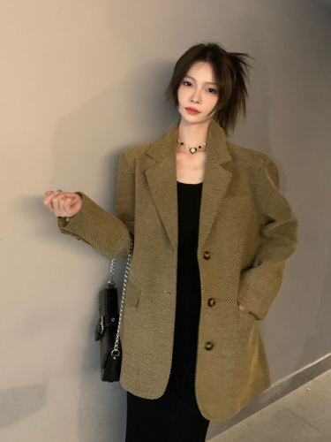 Actual shot of new autumn Korean style retro loose striped suit woolen jacket for women