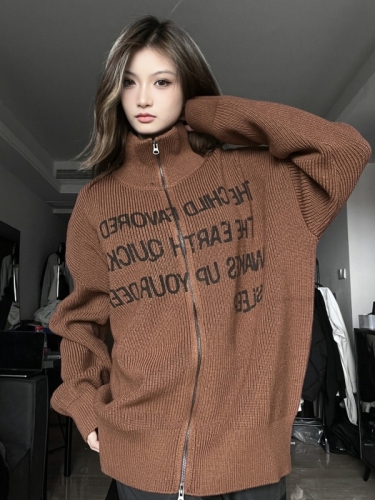 2024 Autumn and Winter New Warm Thickened Printed Long Sleeve Stand Collar Jacket Lazy Sweater Knitted Cardigan