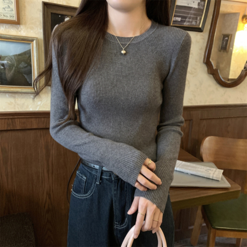 Actual shot of autumn and winter Korean style slim round neck simple and versatile solid color Andy velvet long-sleeved bottoming knitted top