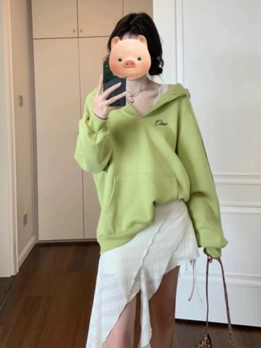 Green hooded sweatshirt jacket for women spring and autumn 2024 new Korean style pullover loose oversize long-sleeved top