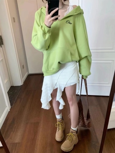 Green hooded sweatshirt jacket for women spring and autumn 2024 new Korean style pullover loose oversize long-sleeved top