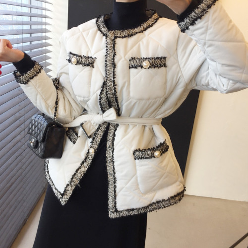 Korean chic tassel raw edge pearl button small fragrant rhombus quilted waist cotton coat for slimming women