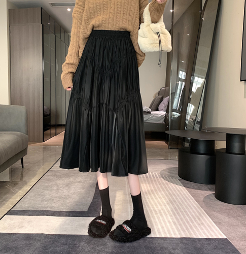 Actual shot~Autumn and winter design pleated skirt women's mid-length high-waisted skirt with large A-line hem