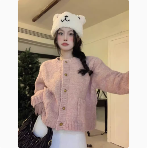 French style soft waxy knitted cardigan jacket women's early autumn new design short long-sleeved sweater top